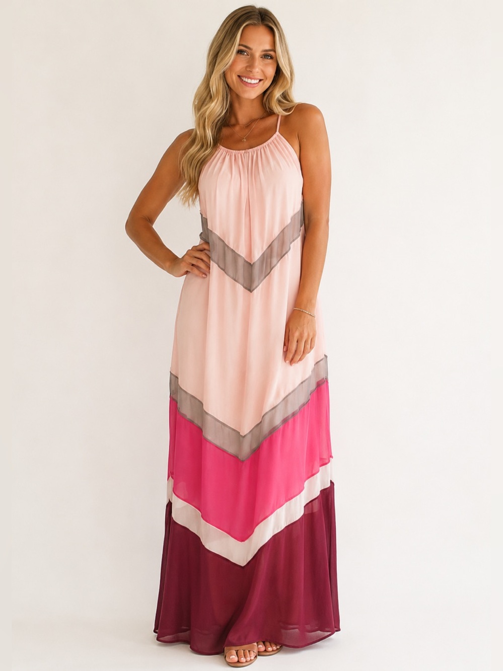 Colorblock Chevron Maxi Dress | Blush Pink/Fuchsia/Burgundy | SMALL | Like New